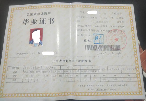 云南省2013年的高中畢業證