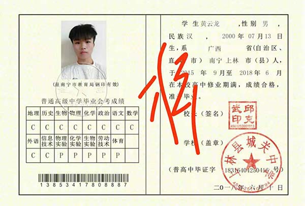 廣西省高中畢業(yè)證內(nèi)頁