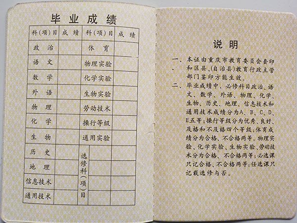 重慶市2005級高中畢業(yè)證成績單