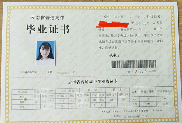 云南省威信一中高中畢業(yè)證樣本 云南省威信一中高中畢業(yè)證樣本