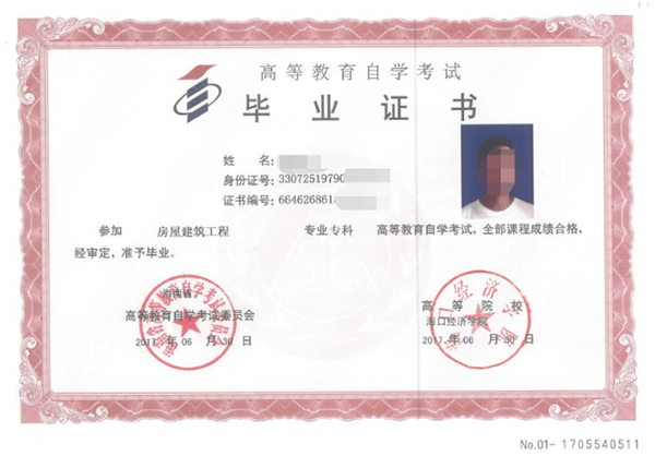 上海財經大學自考畢業證書樣本
