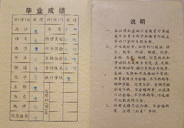 四川省2002年高中畢業(yè)證畢業(yè)成績單