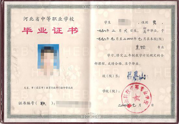 河北2002年中專畢業證圖片（高清樣本）