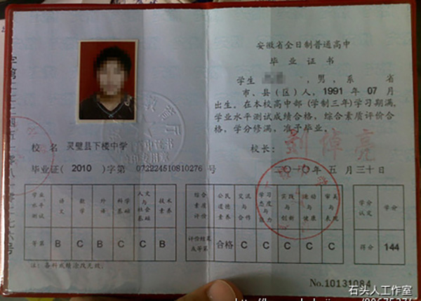 安徽省<a href=https://www.wenpnet.com/cyzx/122.html target=_blank class=infotextkey>2010年高中畢業證</a>樣本