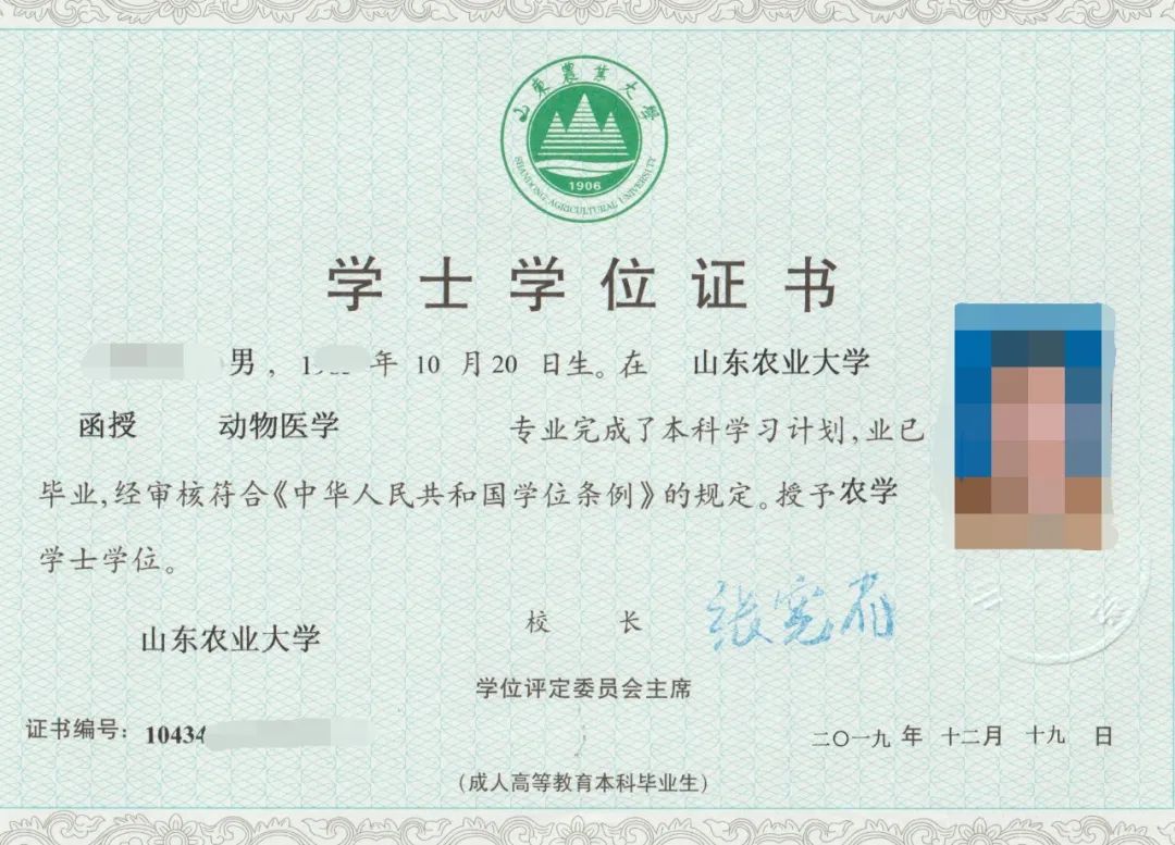 山東農業大學2019年學士學位證書樣本