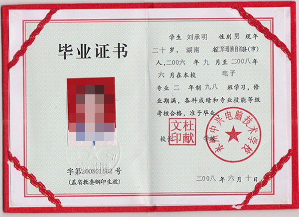 湖南2001年中專畢業證樣本（高清圖片）