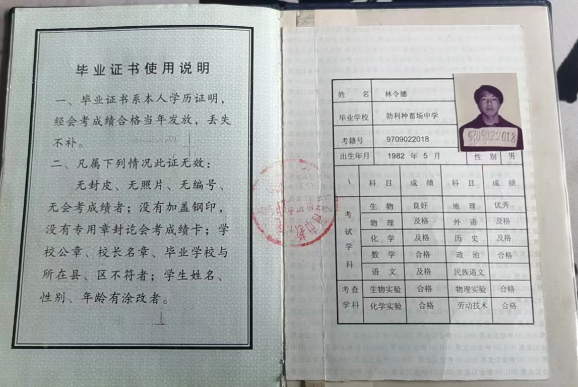 哈爾濱市第十三中學畢業證成績單