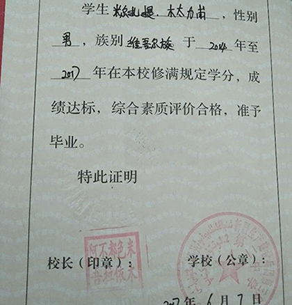 新疆2000年高中畢業證內容頁