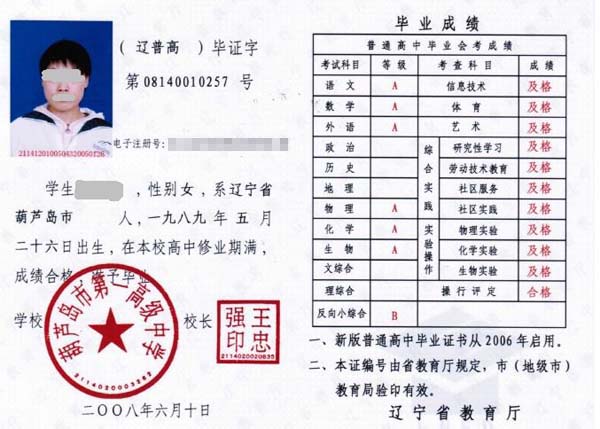 遼寧省<a href=https://www.wenpnet.com/cyzx/99.html target=_blank class=infotextkey><a href=https://www.wenpnet.com/cyzx/111.html target=_blank class=infotextkey>2008年高中畢業(yè)證</a></a>樣本