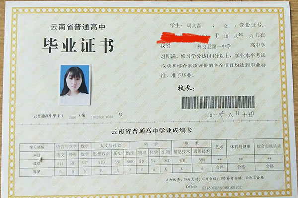 云南省2008年高中畢業證樣本