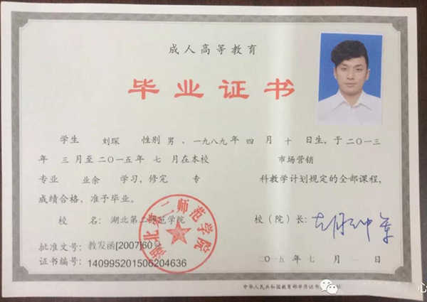 湖北第二師范學院成考畢業證書樣本