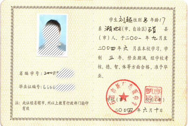 2002年高中畢業證樣本（山東、廣東、江蘇、四川、湖北）