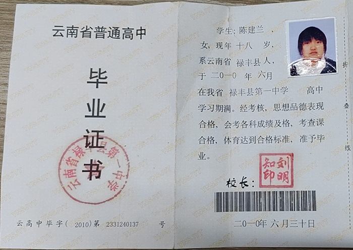 云南省2006年高中畢業證樣本